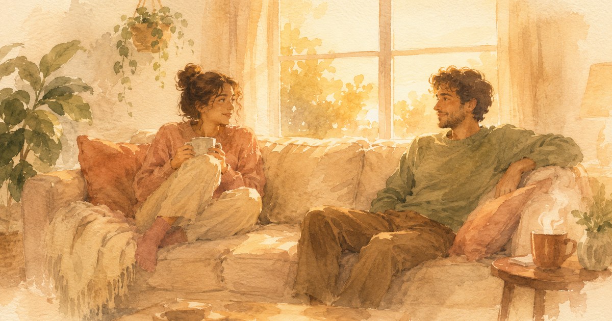 Bids for Connection cover — a soft watercolour of two people on a sofa in warm evening light, one glancing up from a book to meet the other's eyes across the room