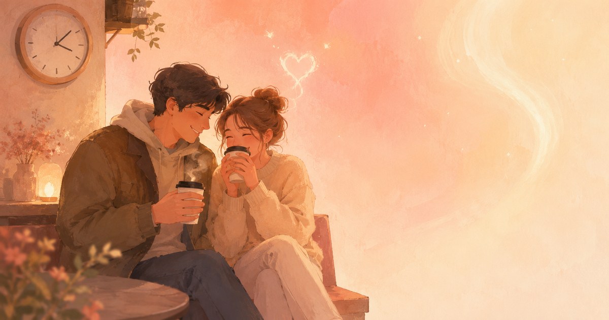 Micro-Dating cover — a warm illustration of a coffee cup with little hearts rising as steam beside a small clock, cream to rose tones